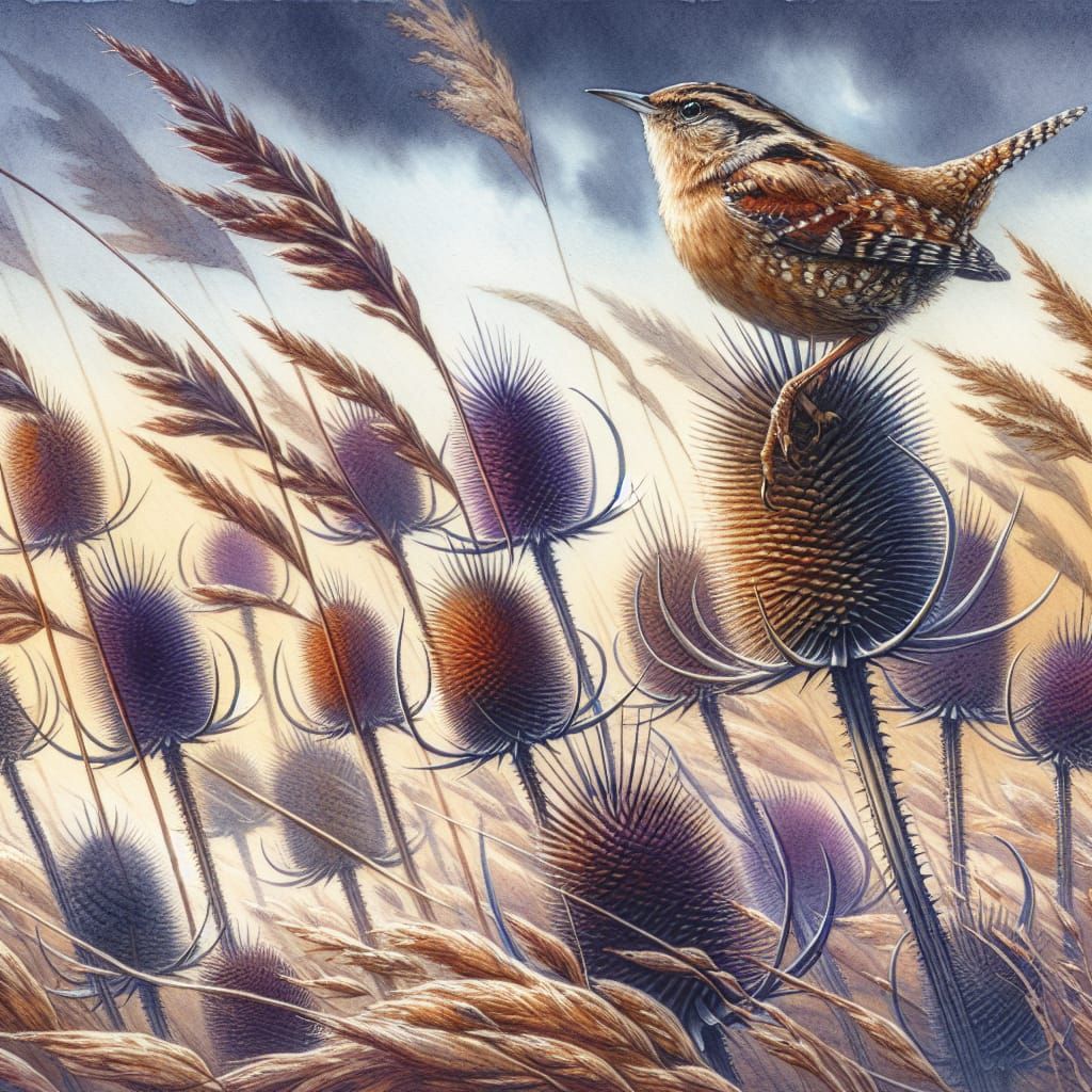 Wren Perched on Thistle, Watercolor Narrative Art