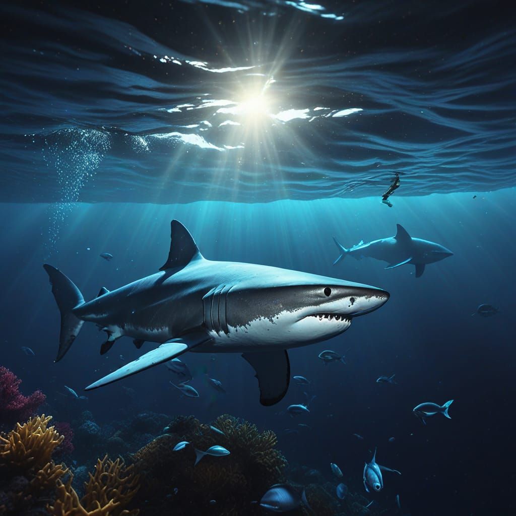 Shark Chasing Whale in Deep Ocean Wildlife Art