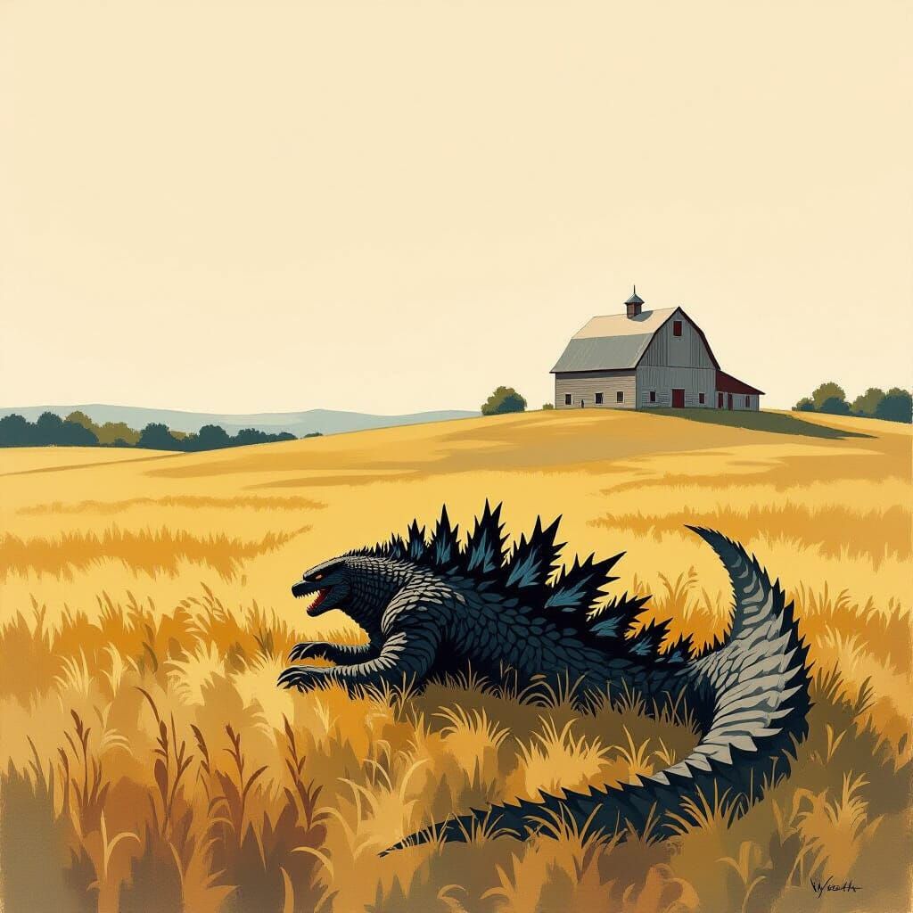 Godzilla in Field, Wyeth-Inspired Realist Painting