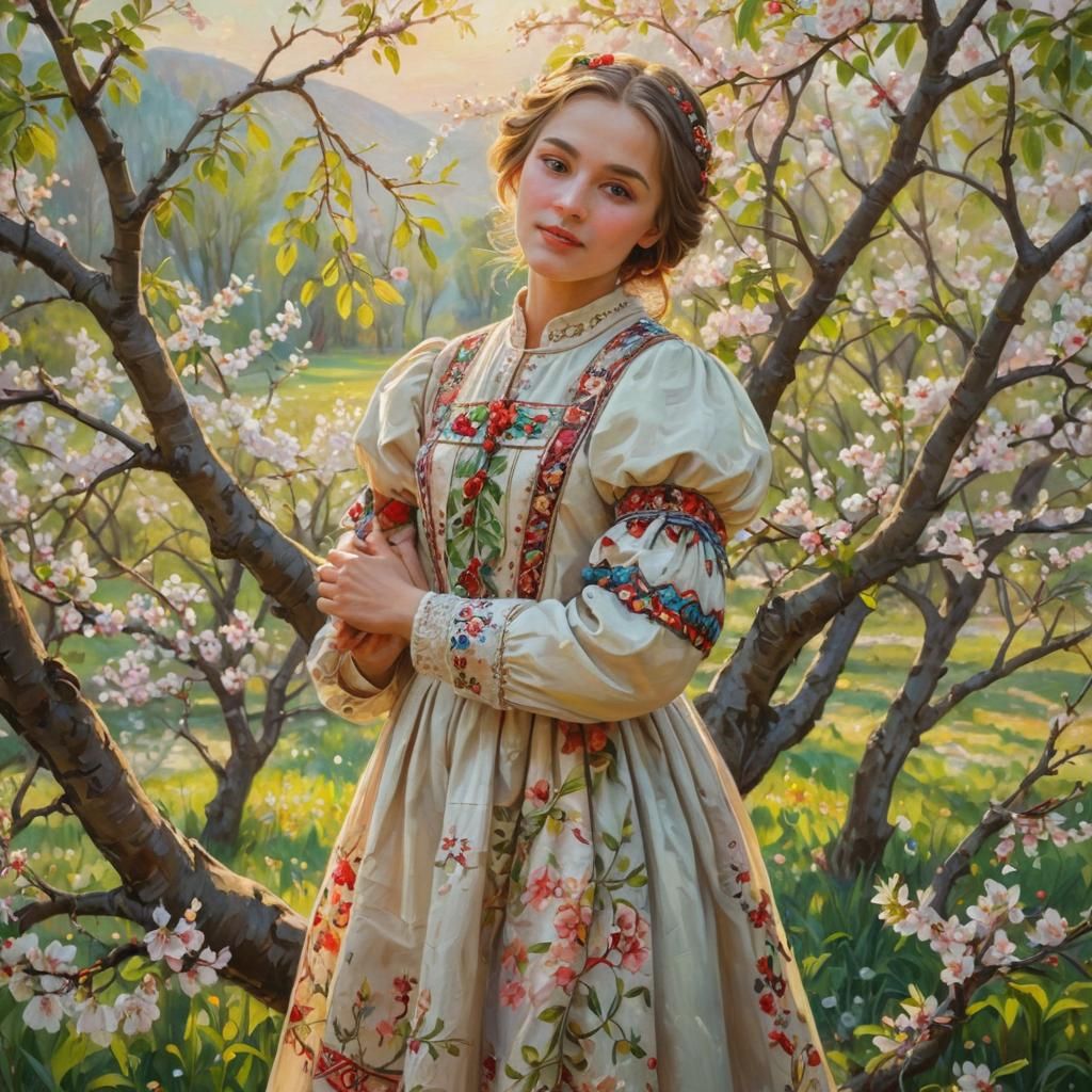 Ukrainian Girl in Cherry Orchard: Impressionist Oil Painting