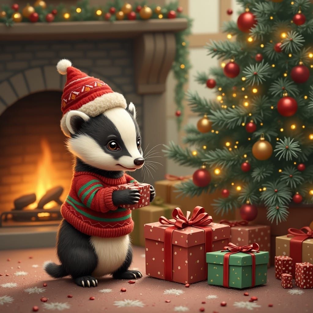 Whimsical Baby Badger Opening Christmas Gifts in Cozy Living...