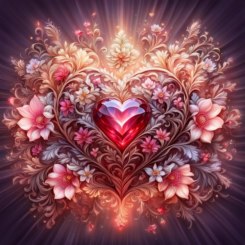 Glowing Ruby Heart Encloses Floral Fantasy Masterpiece
