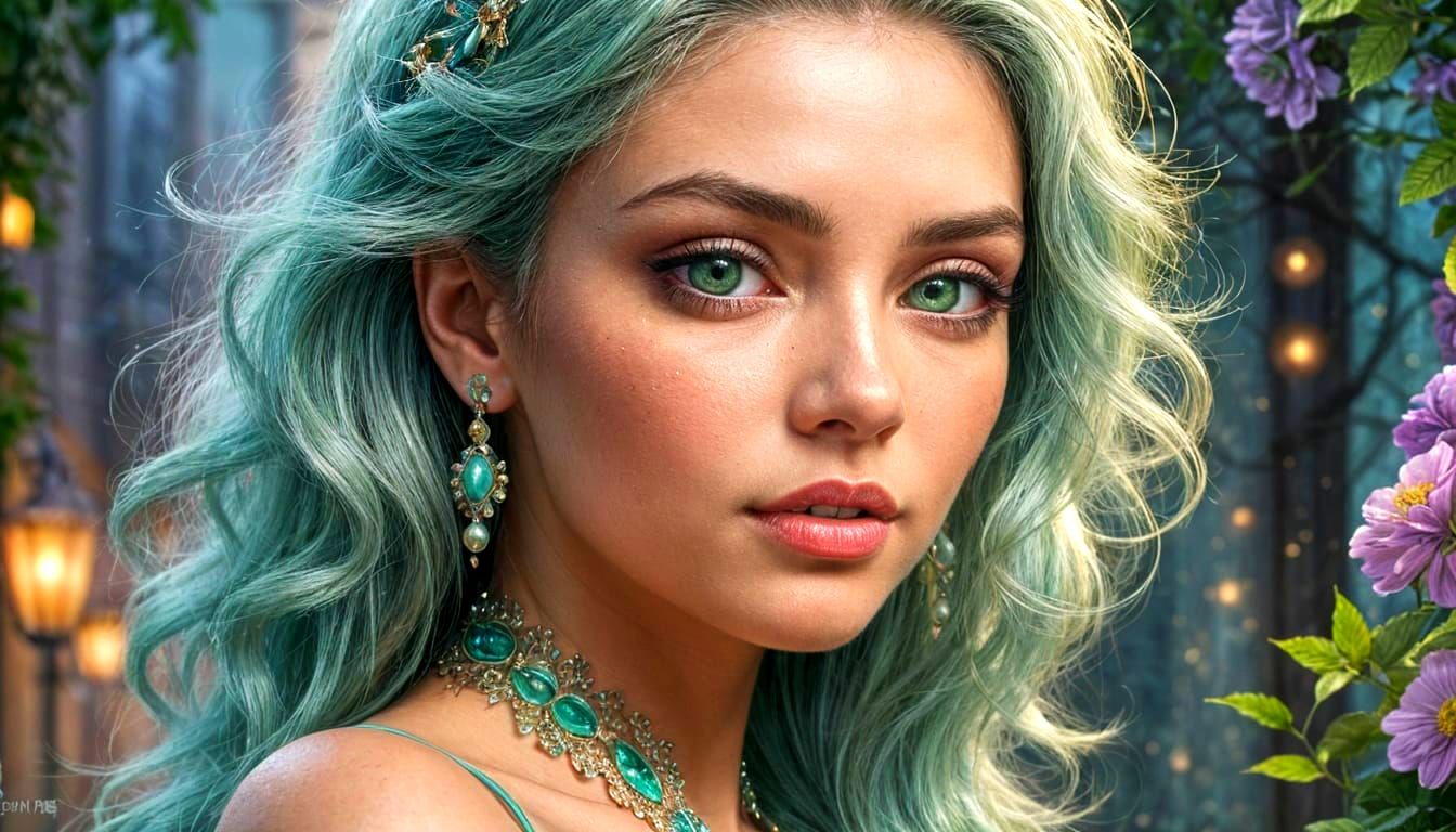 Mint Hairstyle Woman with Green Eyes in Digital Art Style