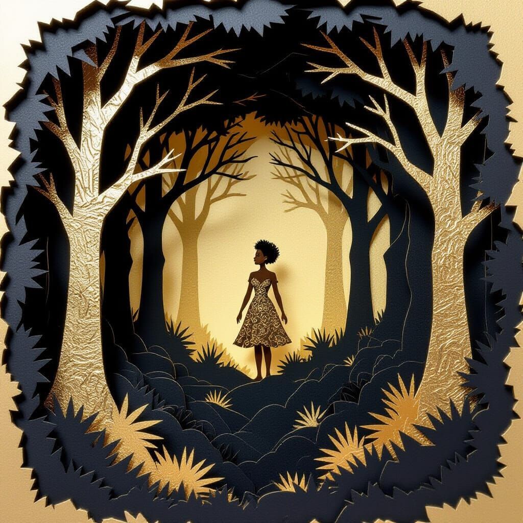 3D Papercut Forest Scene with Luminous Figure