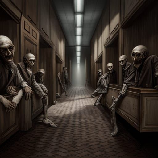 Creepy Skeleton Humanoids in a Horror Hallway
