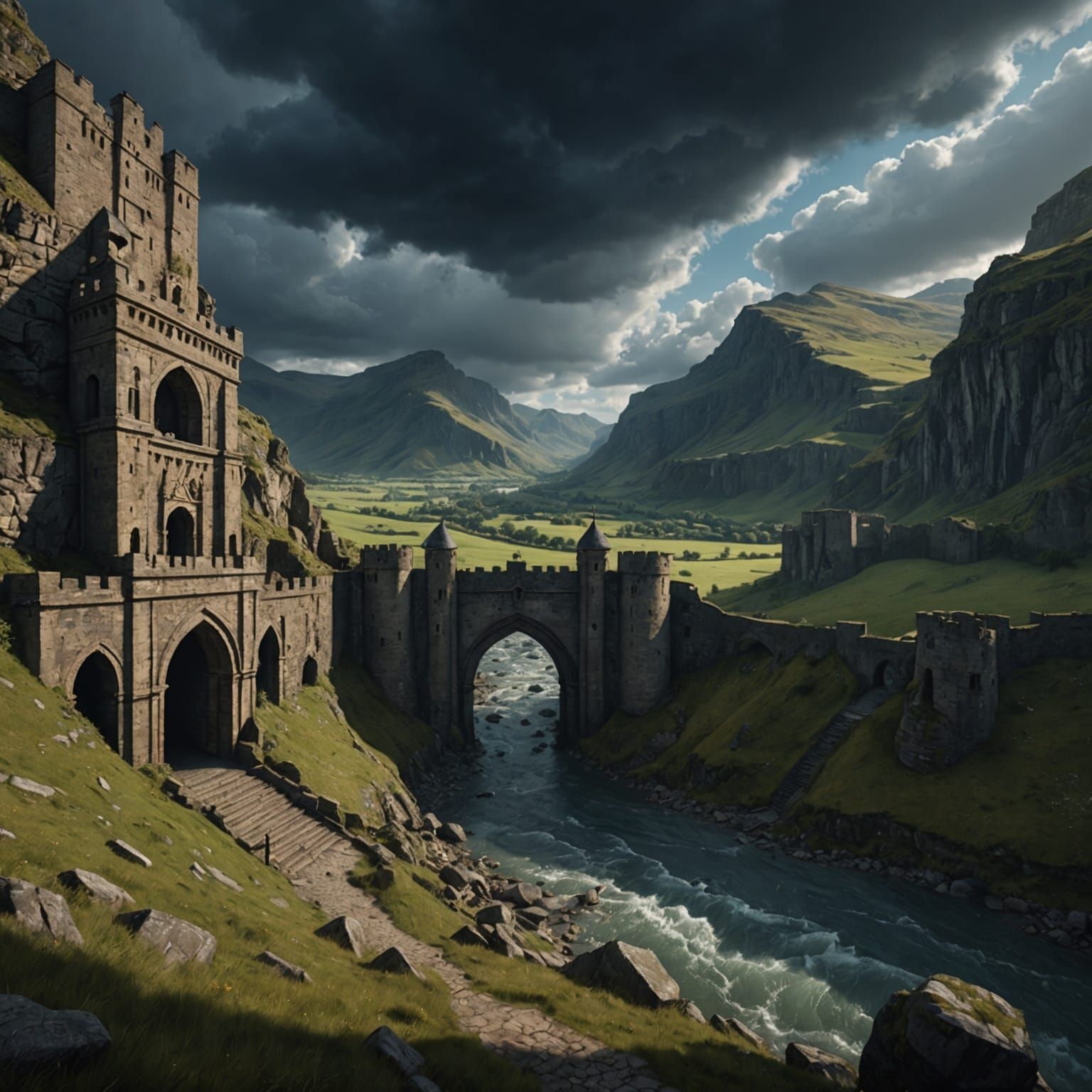 Valley Fortress with Religious Band, Matte Painting Style
