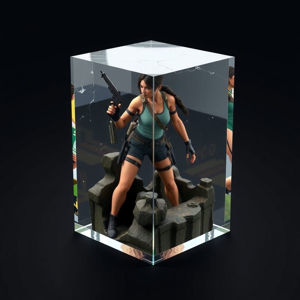 Lara Croft in a 3D Glass Cube Poly Style