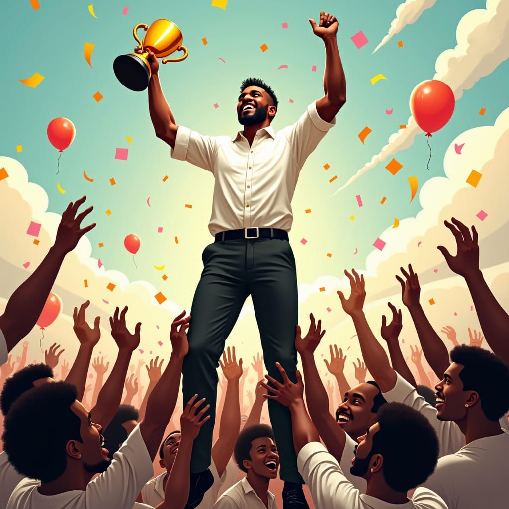 Triumphant Man Lifted with Trophy in Vibrant Realism