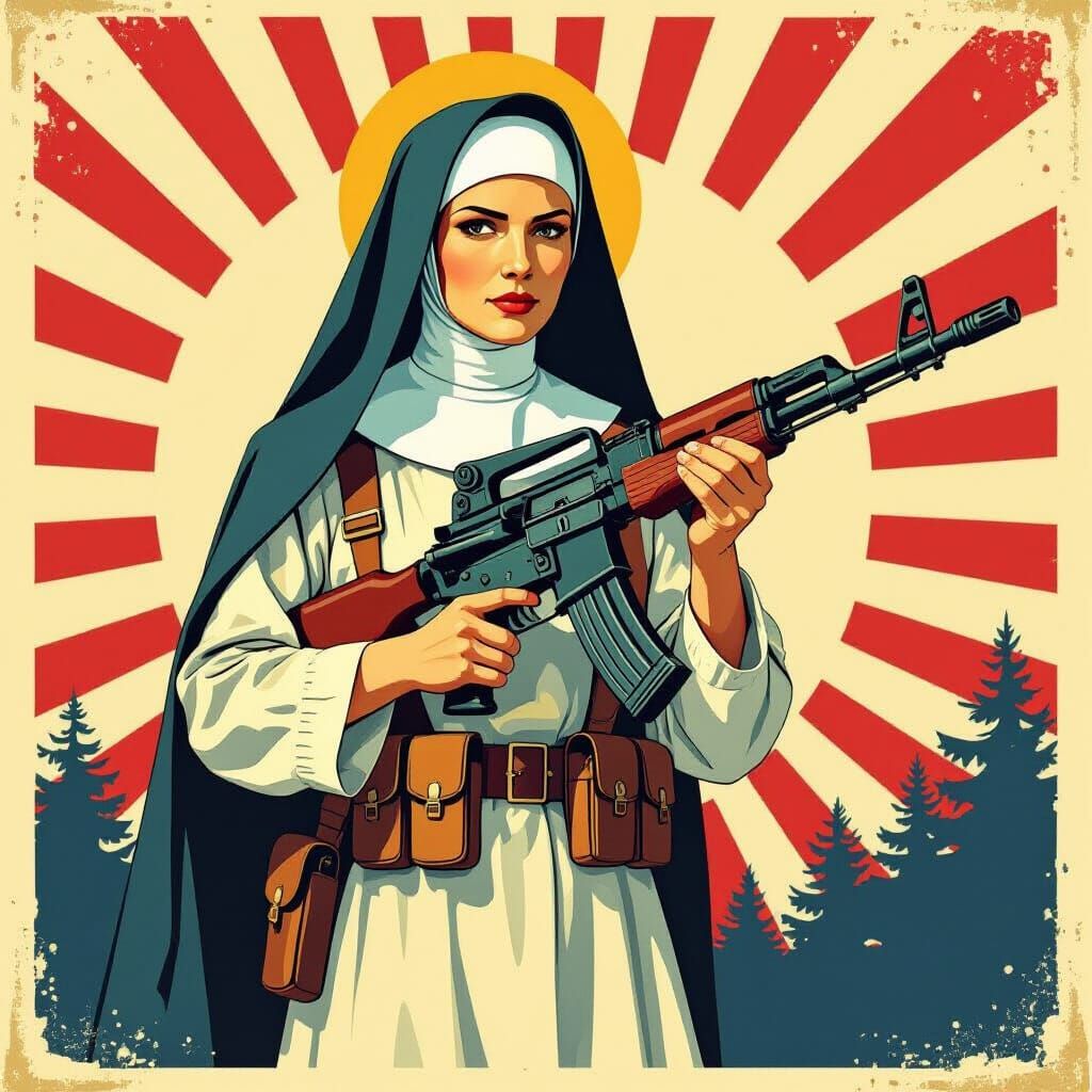 Faithful Nun with AK-47 in Vintage Propaganda Poster Style