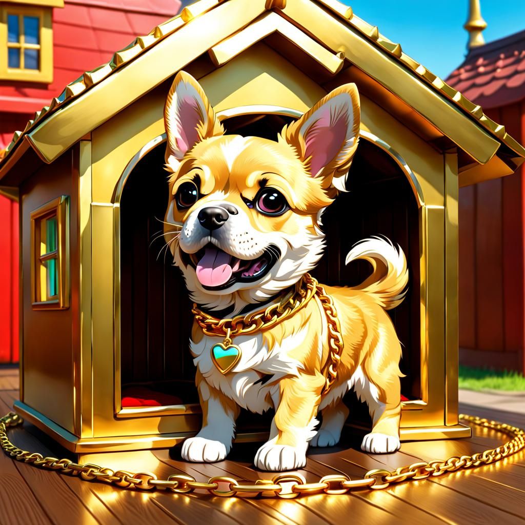 Chibi Dog in Golden Dog House, Detailed and Colorful