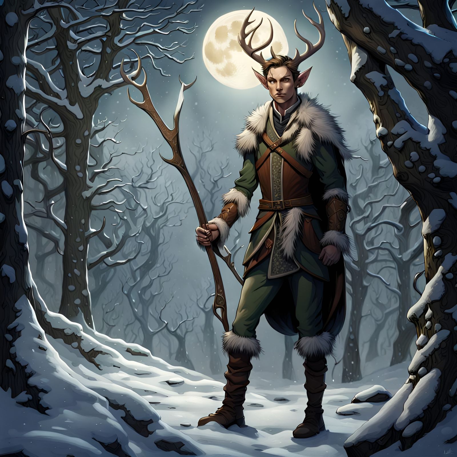 Elven Hunter in Winter: Victorian Illustration