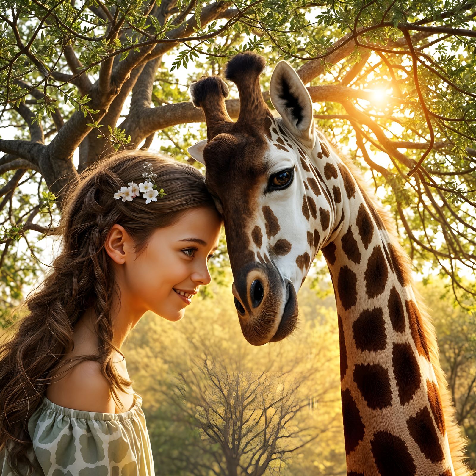 Giraffe and Child Touch Foreheads in Whimsical Harmony