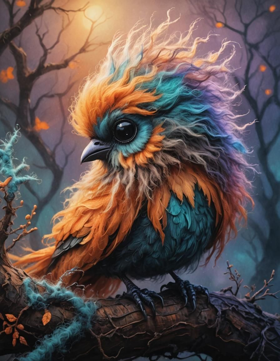 Wool Bird on Branch in Gothic Surrealism Style