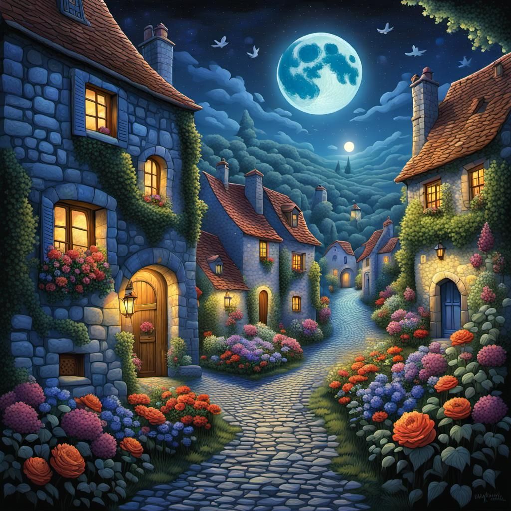 Enchanted French Village Under Starry Sky, Folk Art