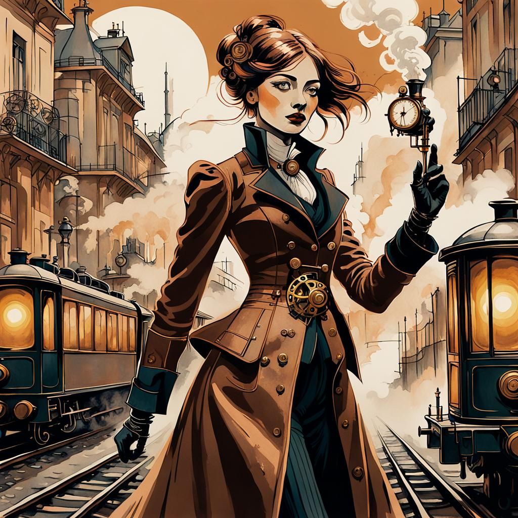 Steampunk Girl in Paris: Ink Painting in Kirchner Style