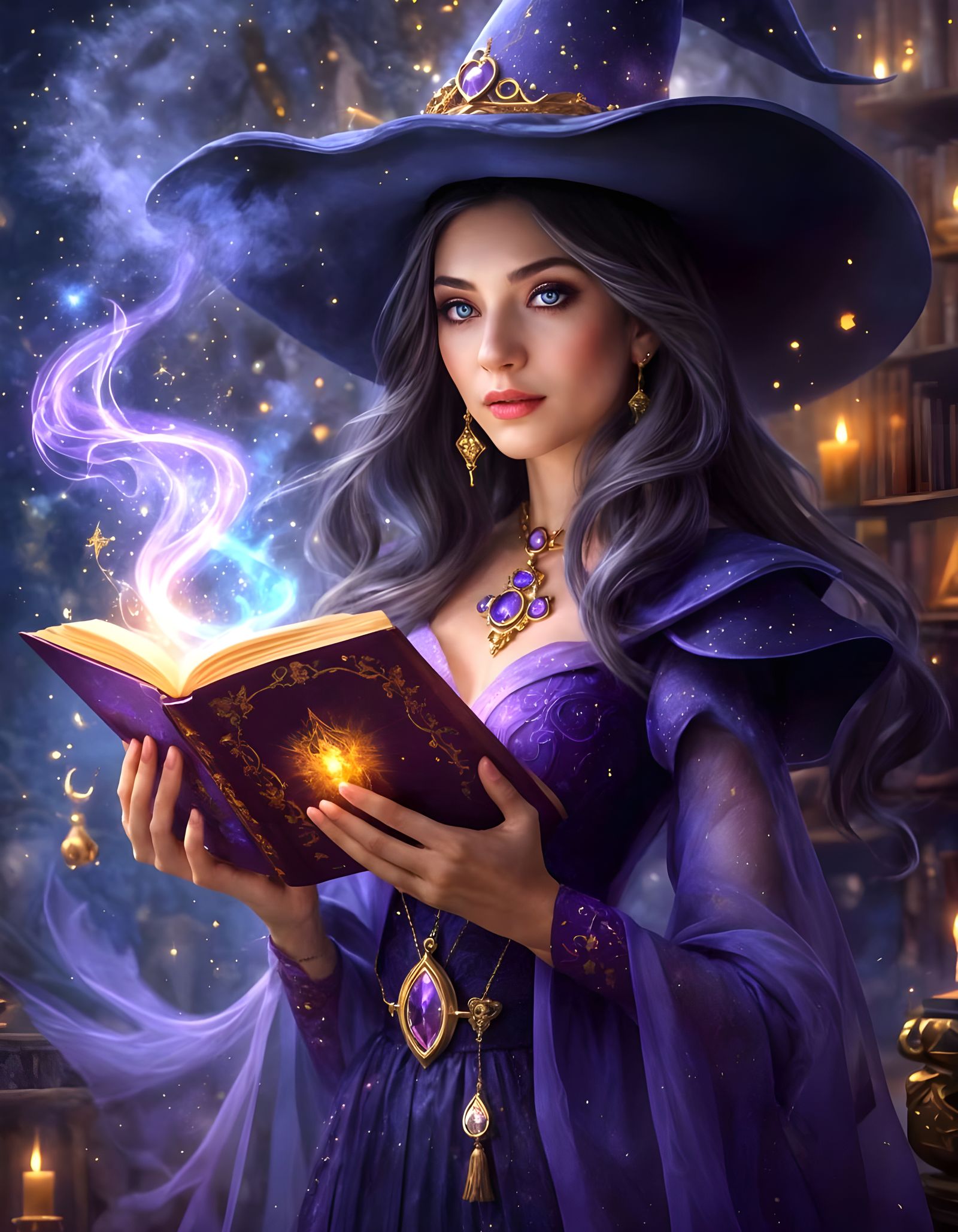 Beautiful Witch with Magical Ornaments in Fog