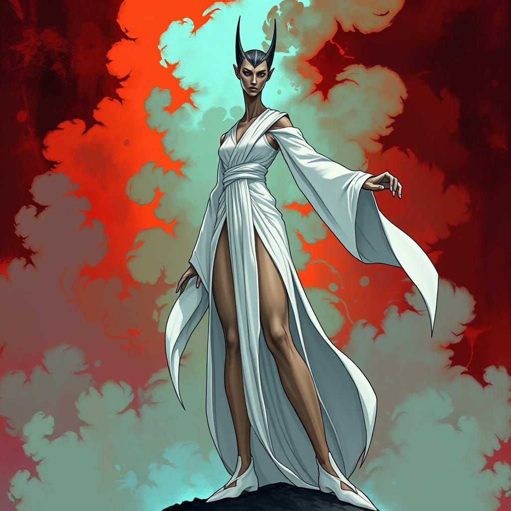 Elegant Priestess in a Dynamic, Smoky Landscape