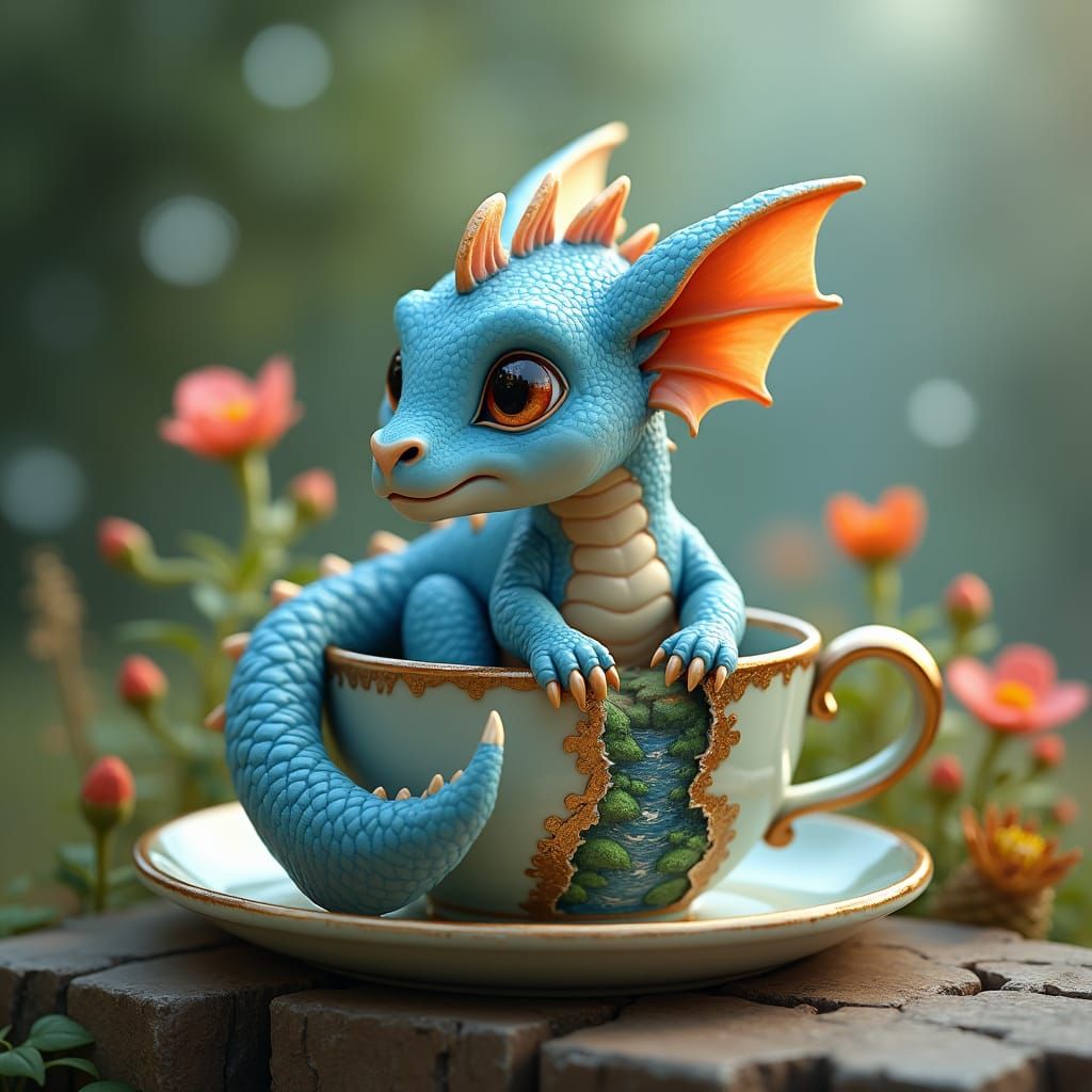 Baby Blue Dragon in Teacup Portal, Fantasy Illustration