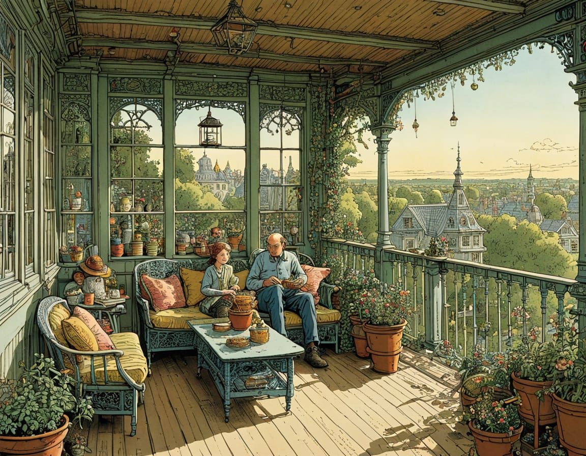 Family Veranda Scene in Cartoon Style