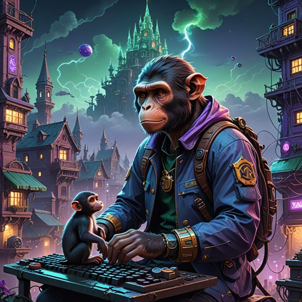 A Whimsical Chaos of Man and Monkey, in a Dreamlike City