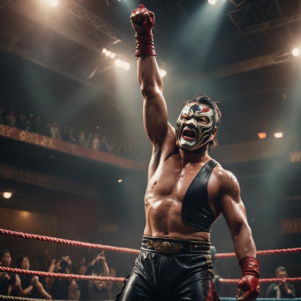Victorious Masked Wrestler in Dramatic Spotlight