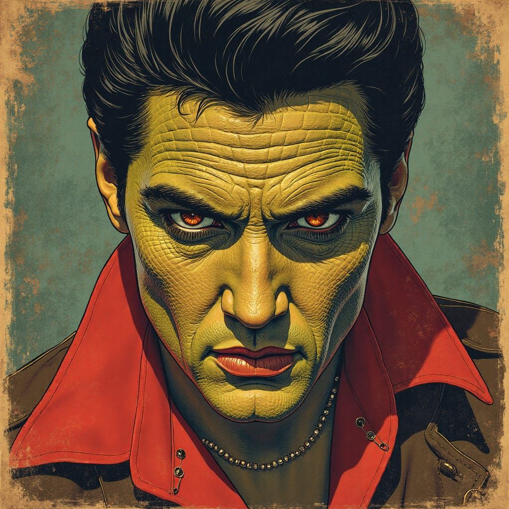 Elvis Presley as Reptilian King in Vintage Illustration Styl...