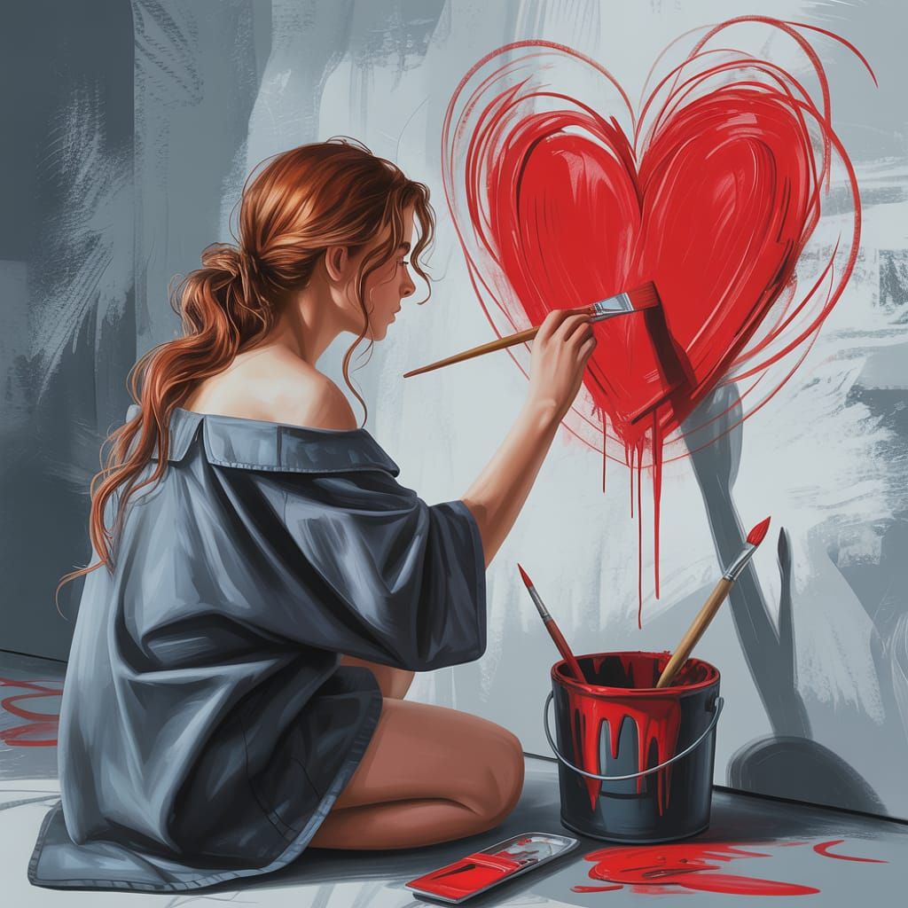 Artist Creates Vibrant Red Heart on Gray Wall