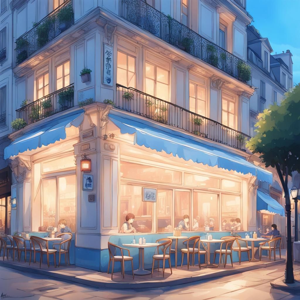 Aesthetic Restaurant at Sunset in Paris, Anime Style