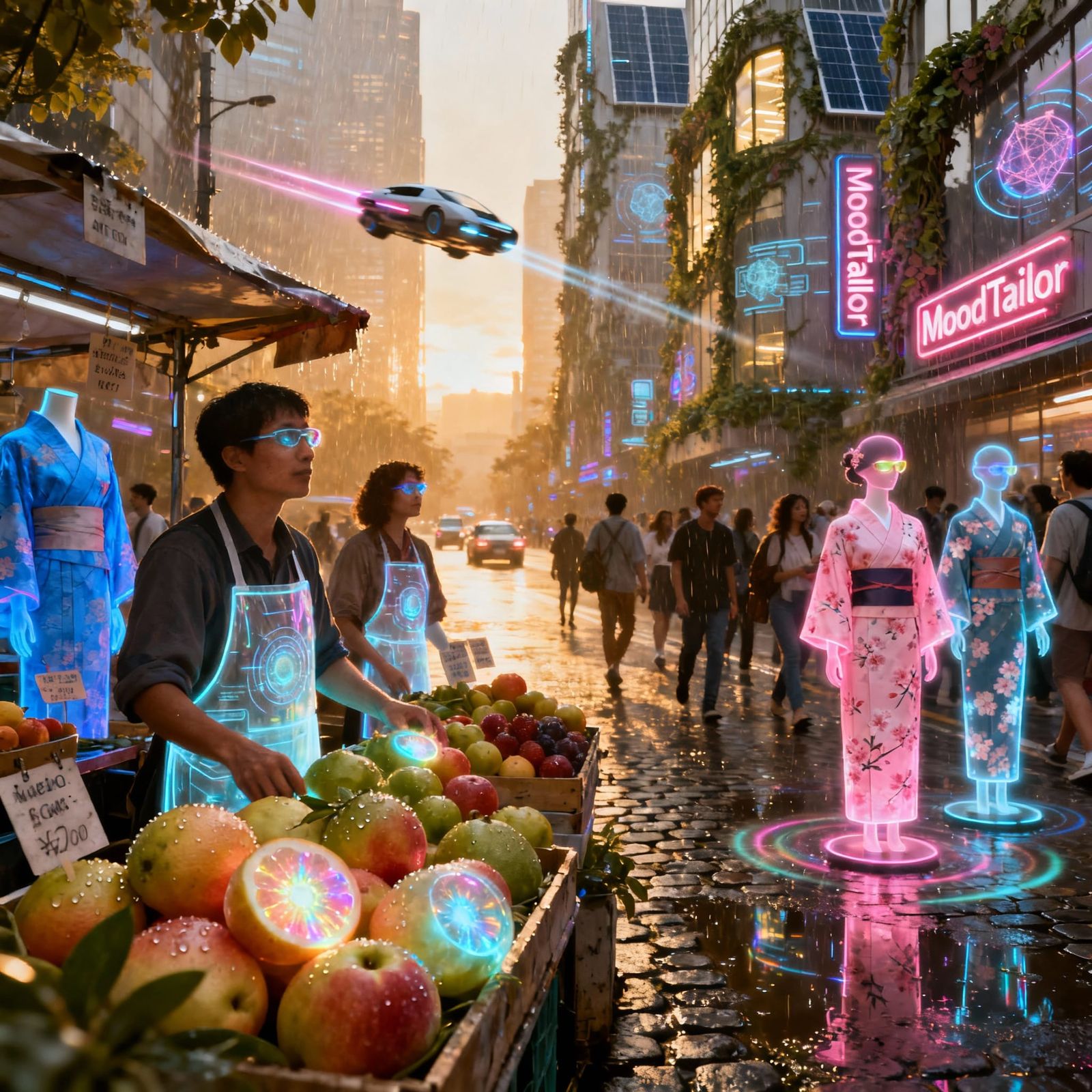 Neo-Kyoto Street Market 2121: Shimmering Fruits & AI Kimonos