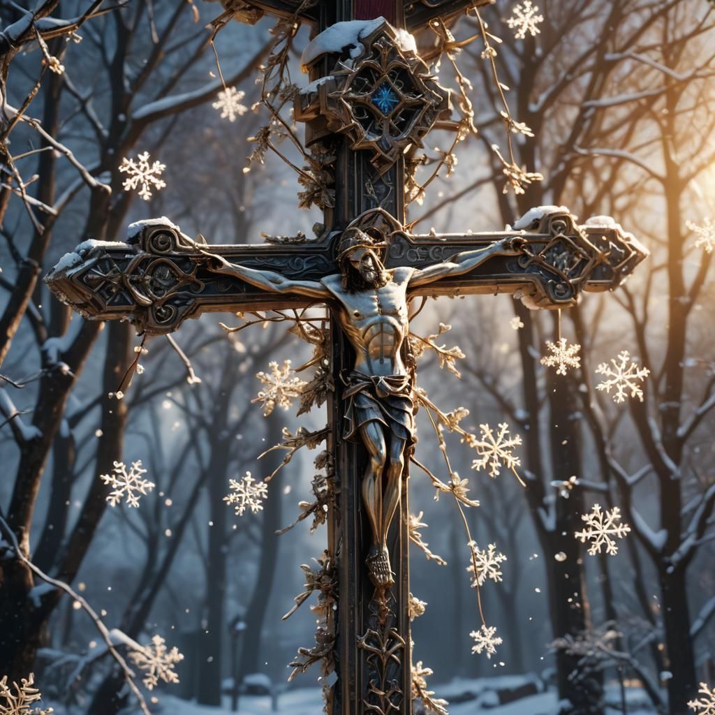Snowflake Cross Crucifix: Detailed Matte Painting