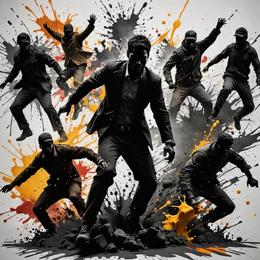 Intense Action Scene in Charcoal Silhouette Splash Art