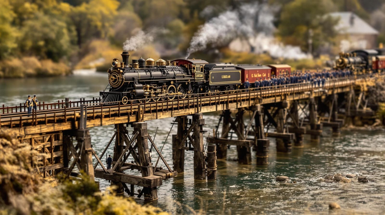 Hyper-Realistic Model Railroad Scene in Golden Hour Lighting