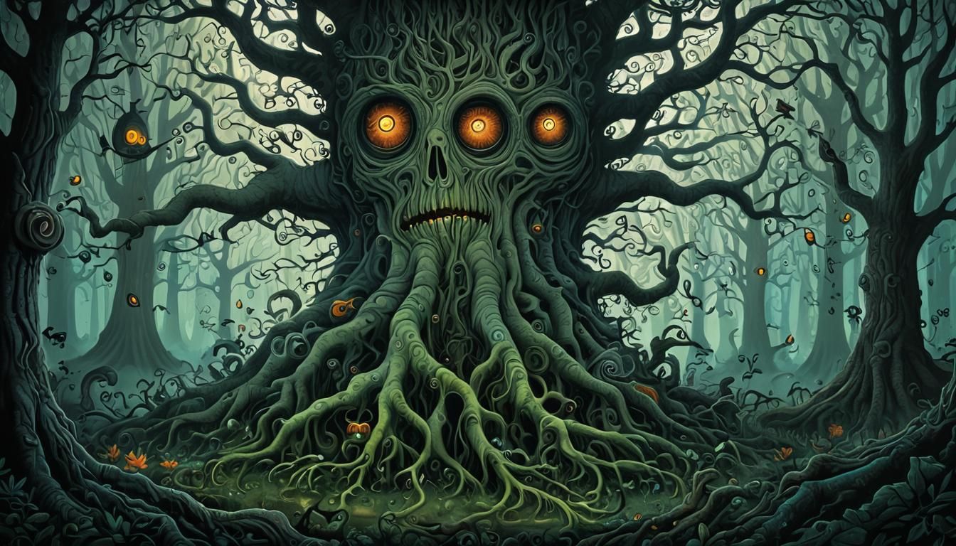 Whimsical Forest with Twisted Tree in Art Brut Style