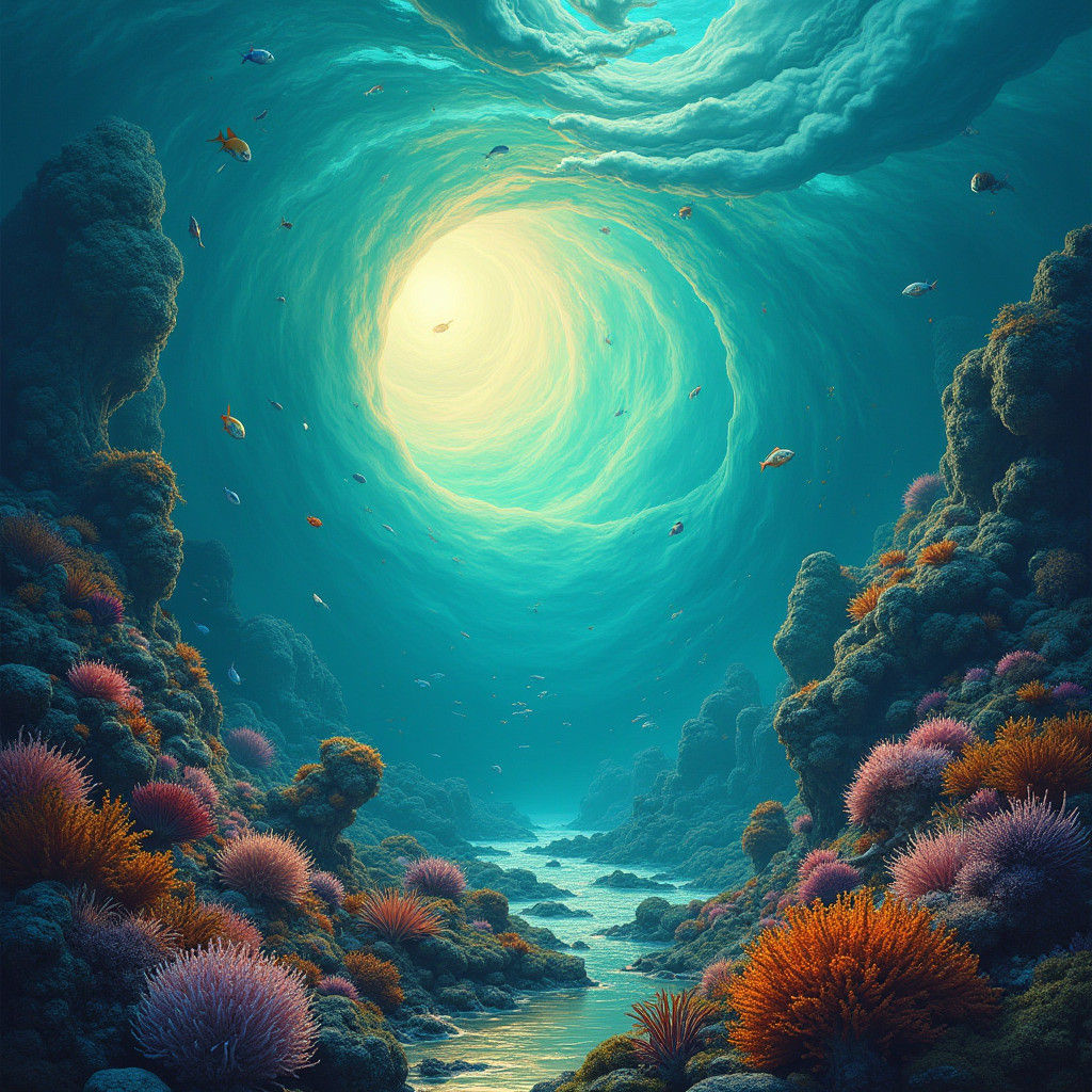 Dreamlike Ocean Landscape with Fantastical Marine Life