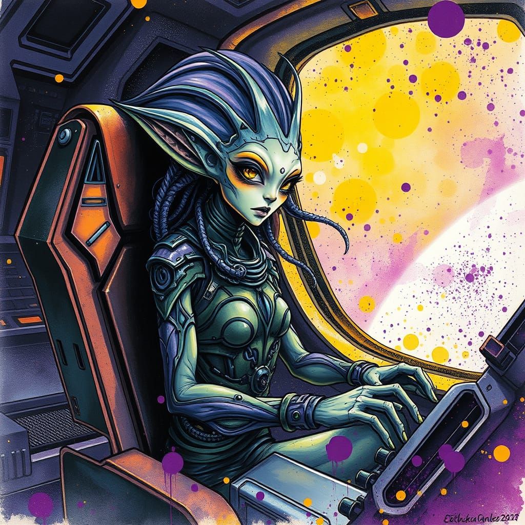Alien Captain Navigating Spaceship in Splatter Ink Style