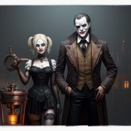 Steampunk Joker and Harley Quinn Amidst Industrial Cityscape