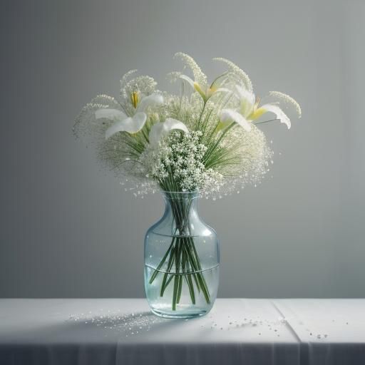 Still Life: Lilies and Baby's Breath in Glass Vase
