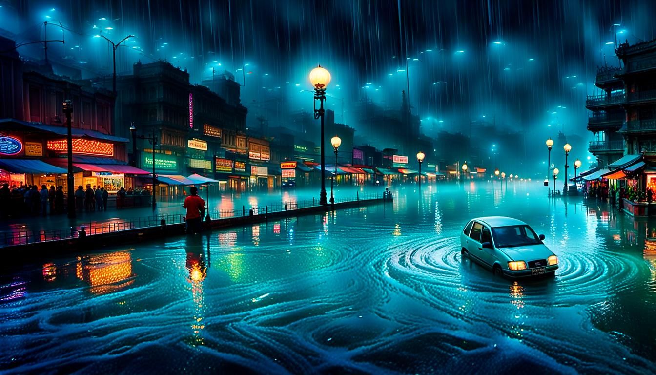 Rainy City Street Scene at Night
