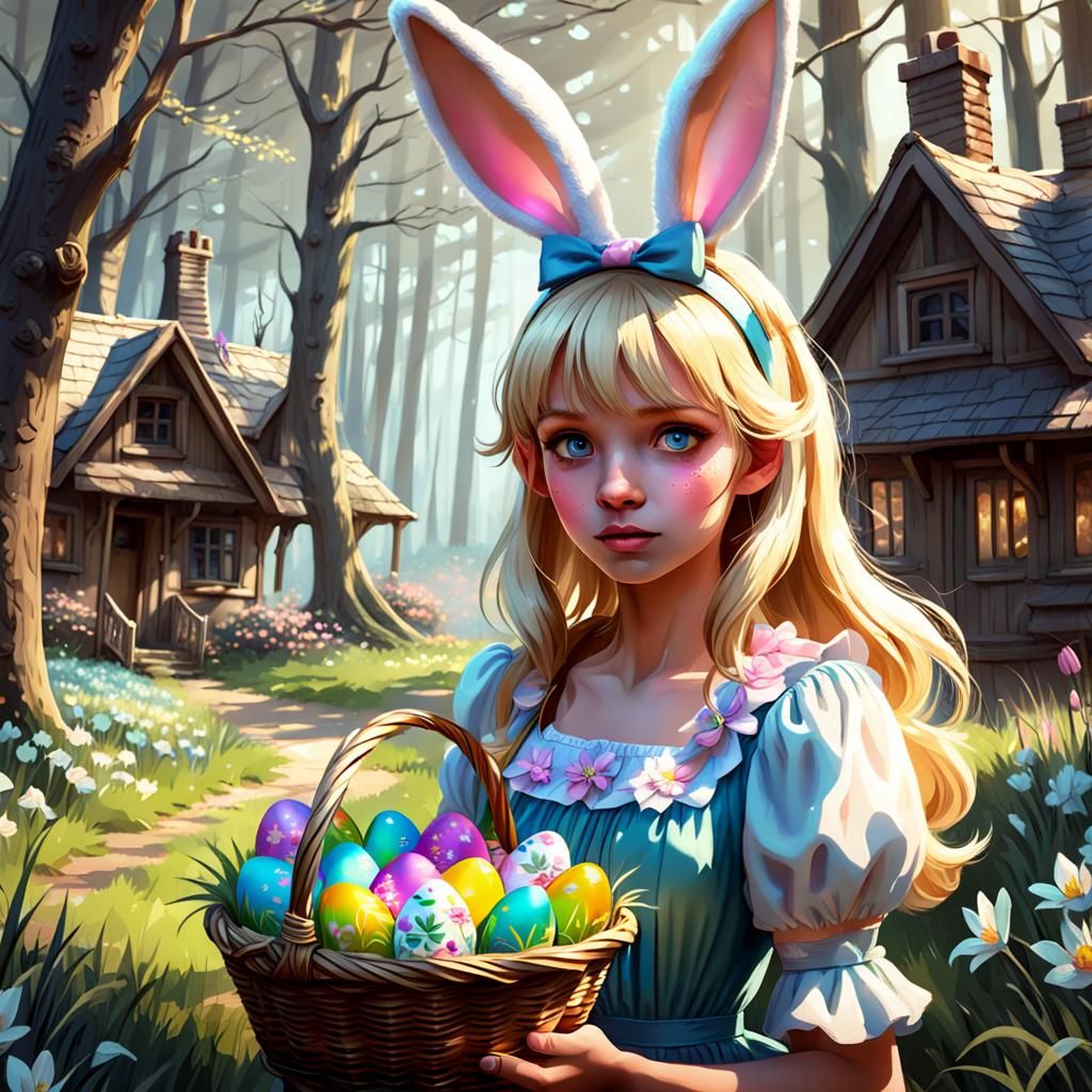 Girl in Easter Dress During Egg Hunt