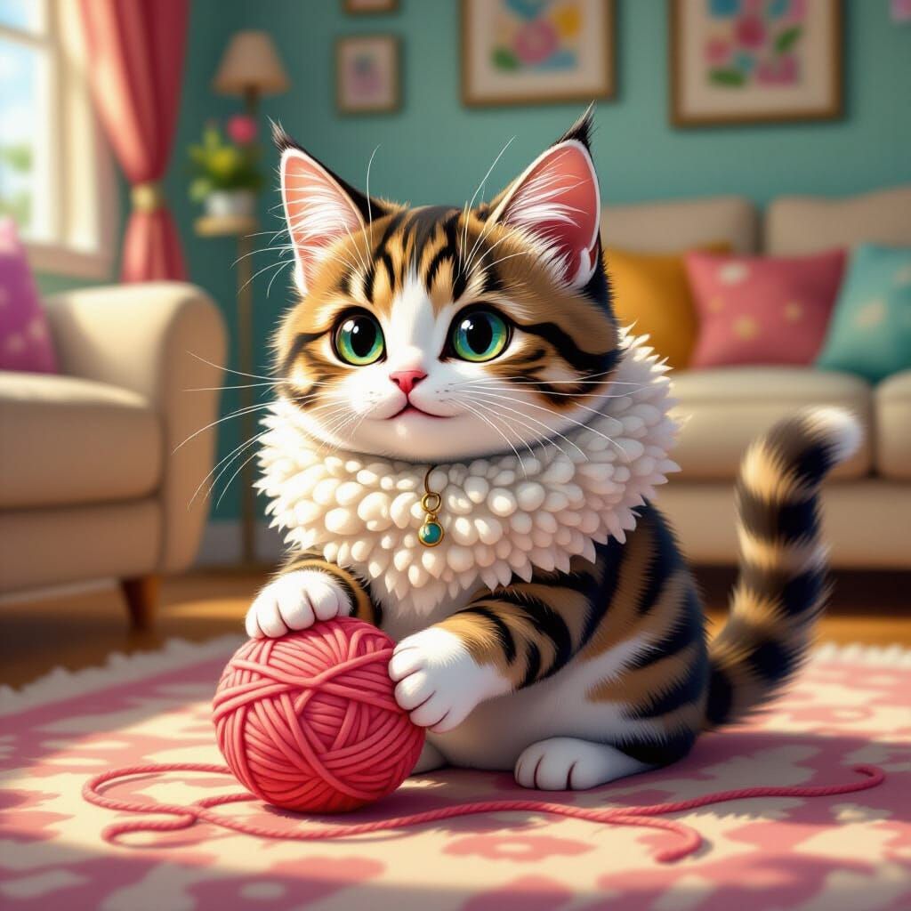 Adorable Cat with Yarn, Pop Surrealist Dreamscape