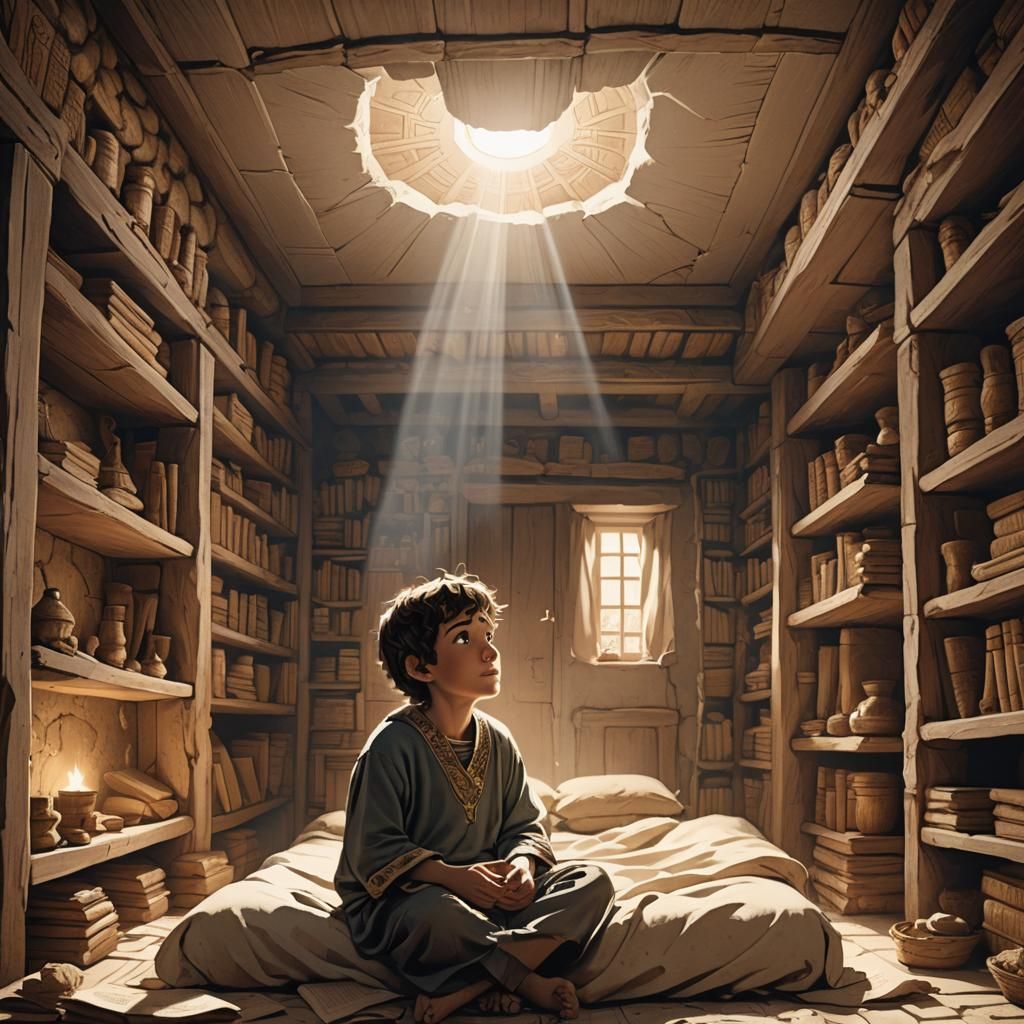 Boy in Ancient Room Looks Up at Light Beam