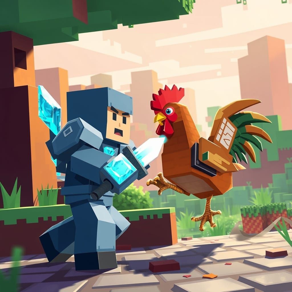Blocky Hero Battles Fowl Opponent in Vibrant Pixel Art