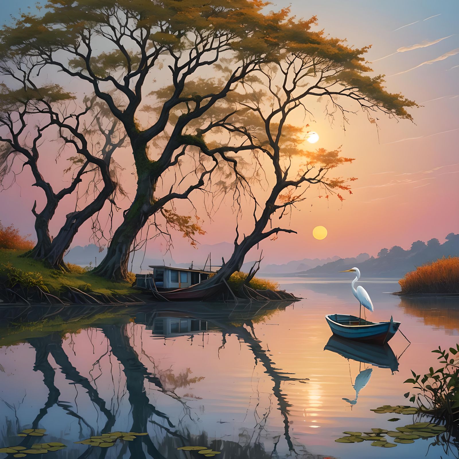 White Heron on Boat at Sunset, Hyperrealistic Matte Painting