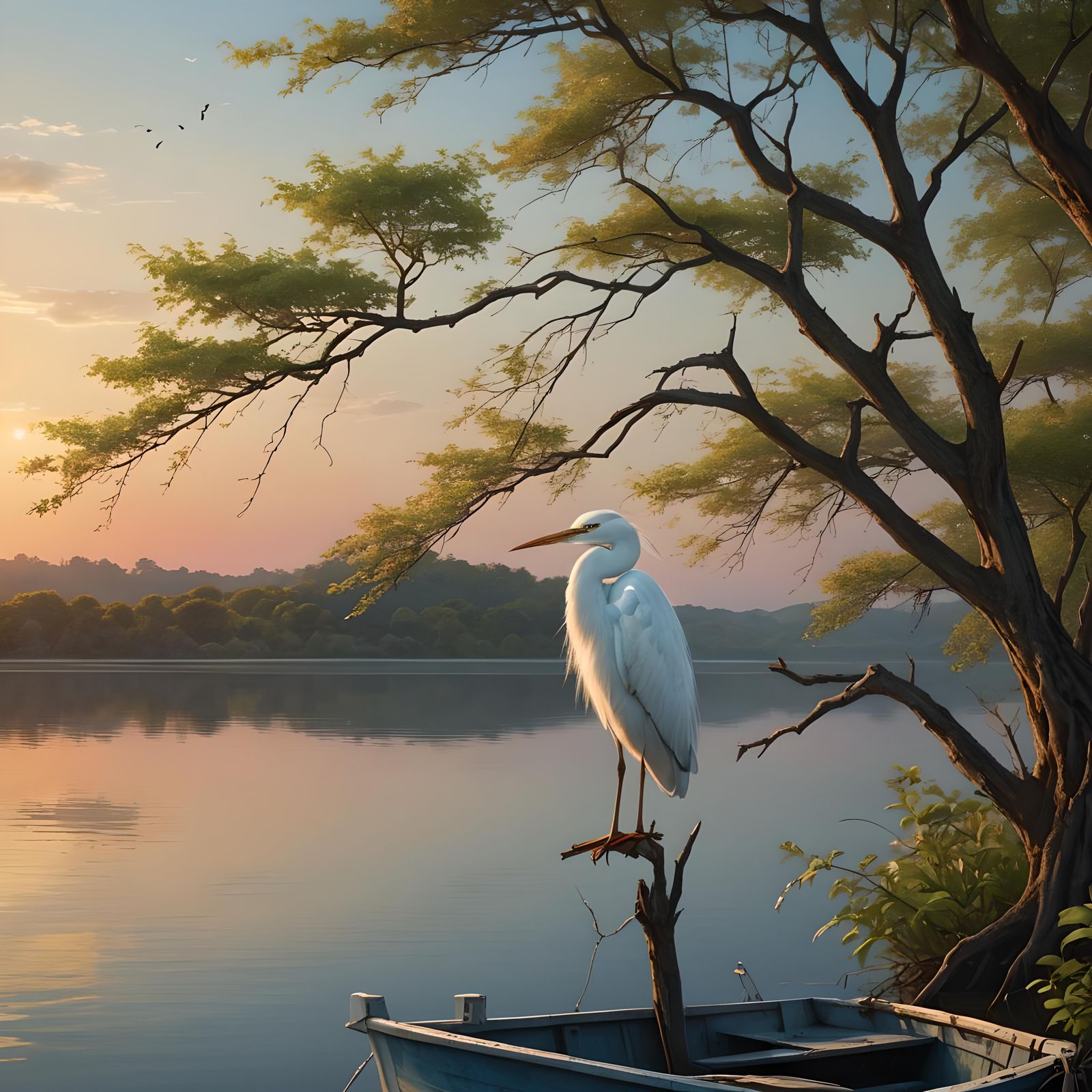 White Heron on Fishing Boat at Sunset