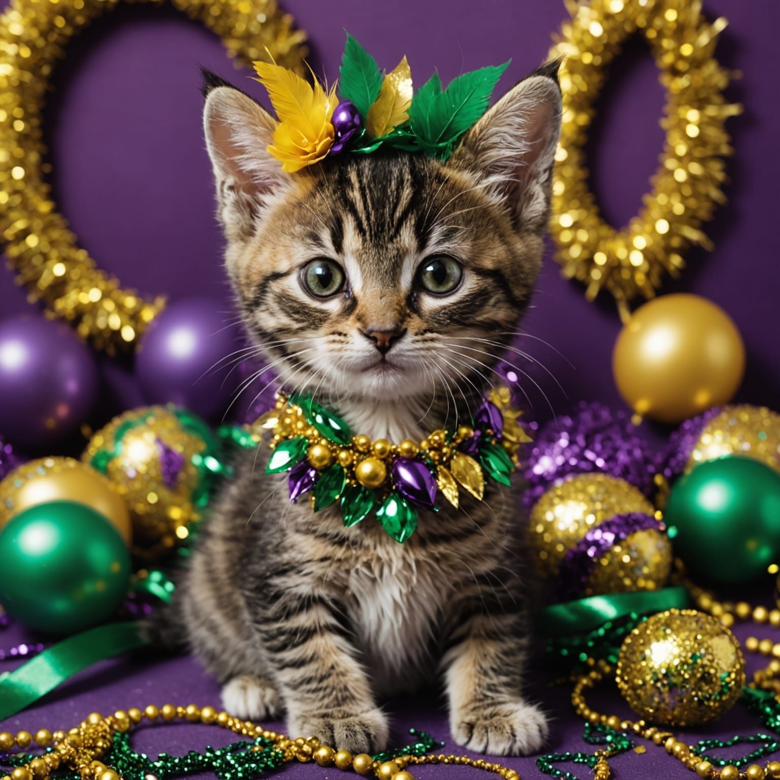 Vibrant Kitten Celebrates Mardi Gras in Colorful Style