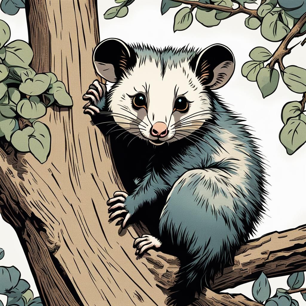 Opossum in Tree Woodblock Print Style