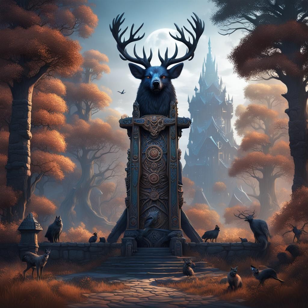 Totem Pole with Crow, Deer, and Wolf