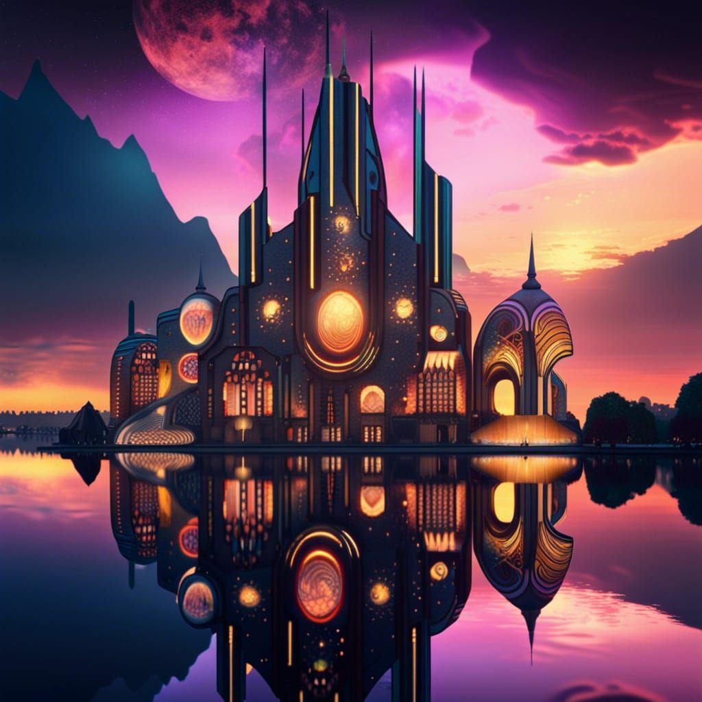 Futuristic Metropolis Sunset with Art Nouveau Architecture