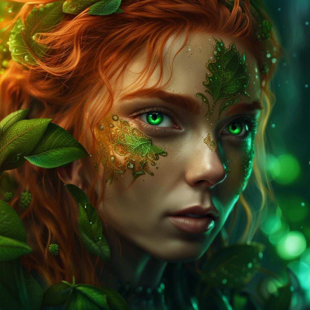 Beautiful Ginger Girl with Green Eyes, Fantasy Art