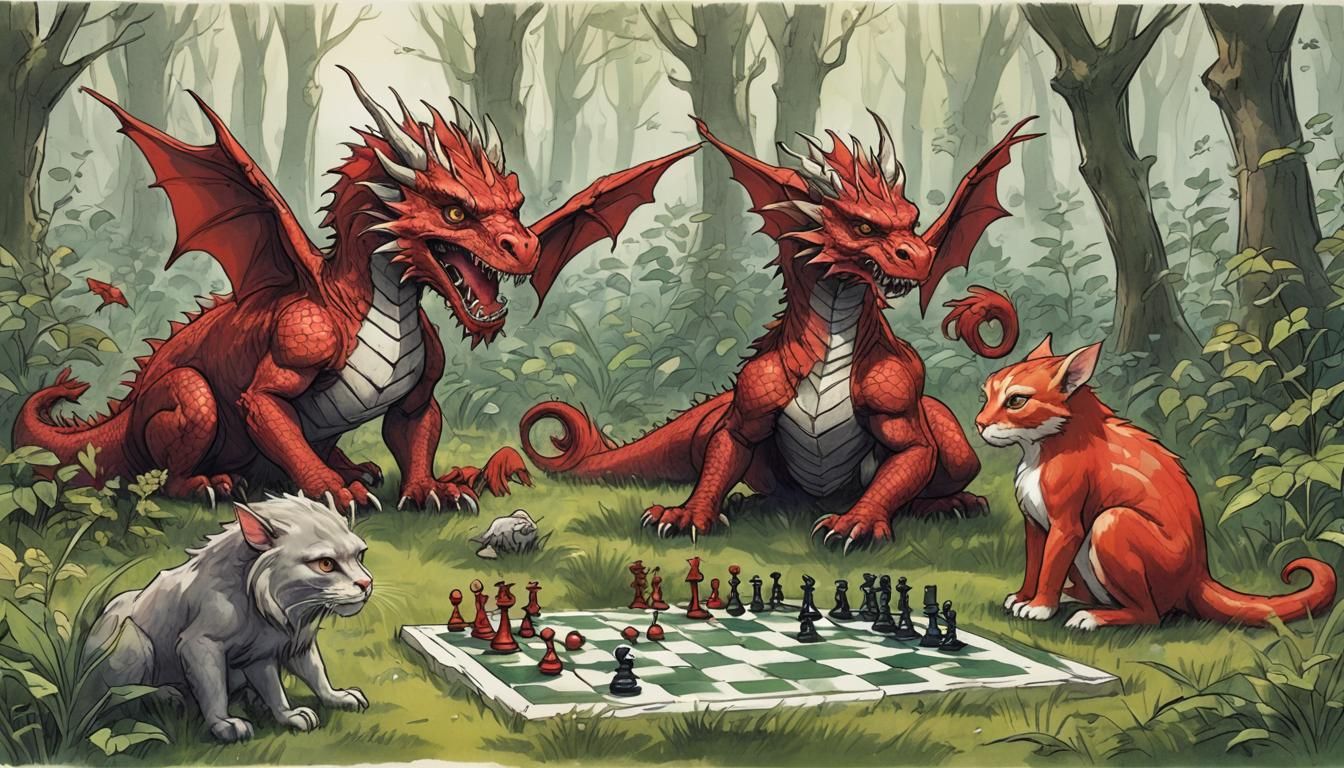 Dragon and Chimera Chess Match in Forest